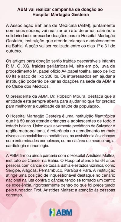 ABM vai realizar campanha de doação ao Hospital Martagão Gesteira